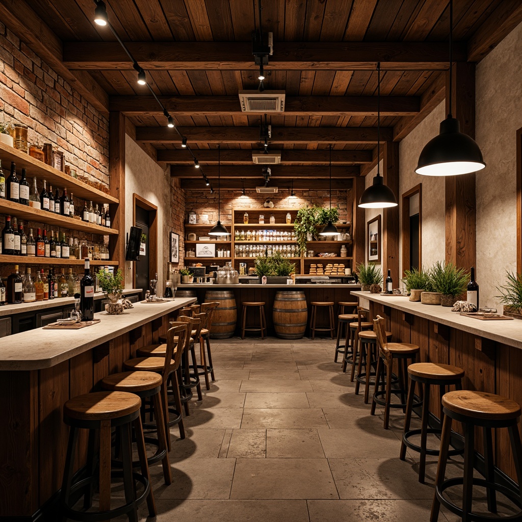 Prompt: Rustic bar interior, reclaimed wood accents, exposed brick walls, metal beams, industrial lighting fixtures, wooden crates, vintage beer barrels, earthy color palette, natural stone countertops, worn leather stools, distressed finishes, ambient warm lighting, shallow depth of field, 1/2 composition, realistic textures, subtle camera movements.