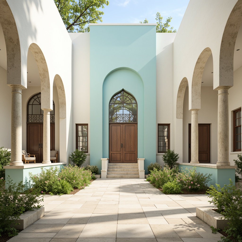 Prompt: Soothing baby blue accents, creamy white walls, soft beige stone floors, delicate ornate metalwork, elegant arched windows, subtle cream-colored columns, calming atmosphere, serene natural light, warm sunny day, shallow depth of field, 1/1 composition, realistic textures, ambient occlusion, peaceful courtyard, lush greenery, vibrant flowers, modern minimalist architecture, sleek lines, clean design, airy open spaces.