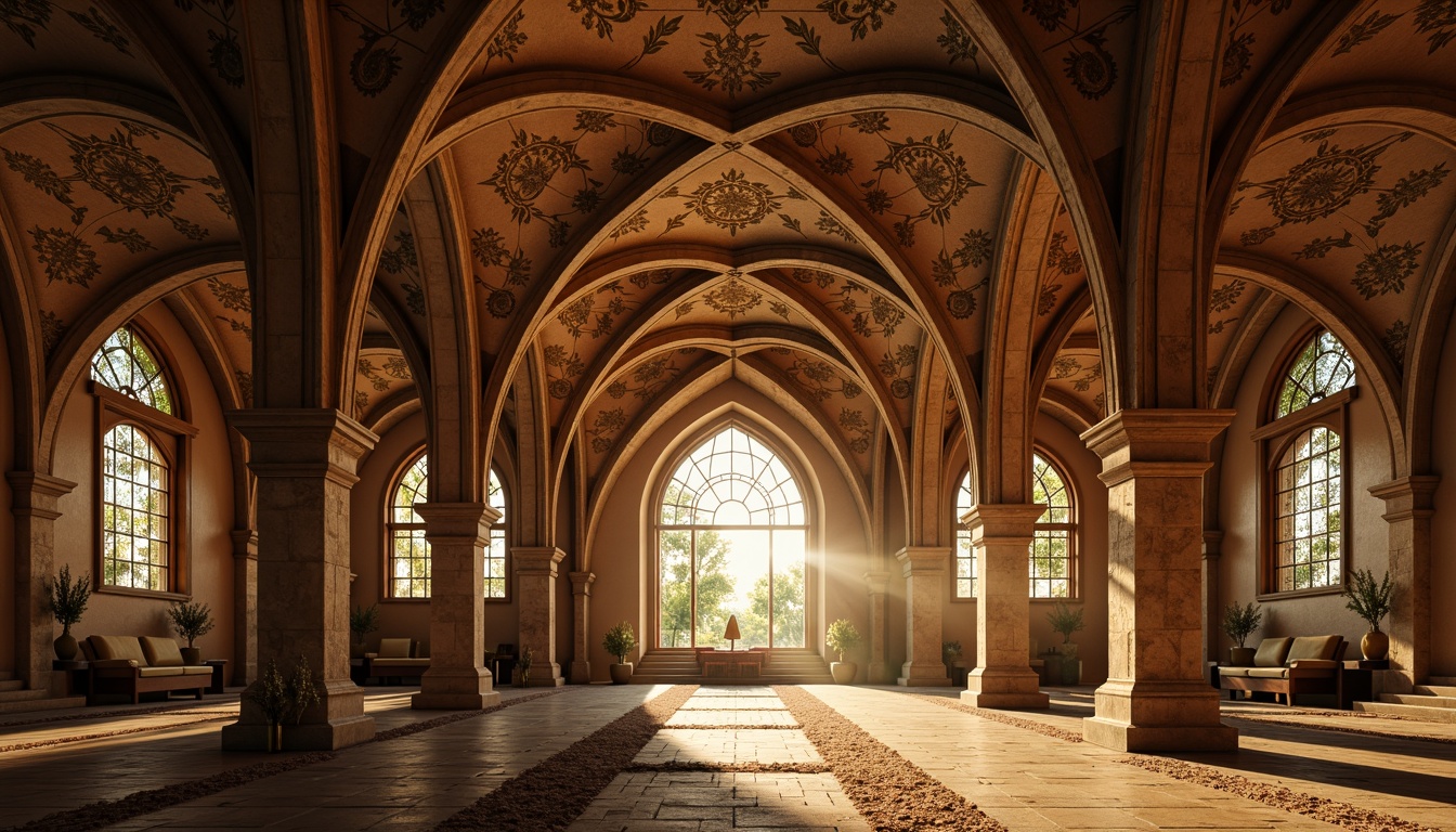 Prompt: Undulating vaulted ceilings, ornate stone carvings, grandiose entrance archways, stained glass windows, intricate mosaic patterns, warm golden lighting, serene atmosphere, sacred symbols, organic forms, flowing lines, natural materials, rustic textures, earthy tones, soft shadows, ambient illumination, shallow depth of field, 1/2 composition, intimate perspective, realistic rendering.