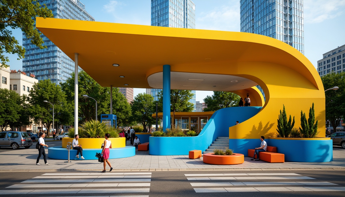 Prompt: Vibrant bus station, modern architecture, curved lines, dynamic shapes, bold color scheme, bright yellow walls, deep blue accents, energetic orange furniture, lively greenery, urban landscape, busy streets, rush hour atmosphere, natural light flooding, shallow depth of field, 1/1 composition, realistic textures, ambient occlusion, warm and inviting ambiance.