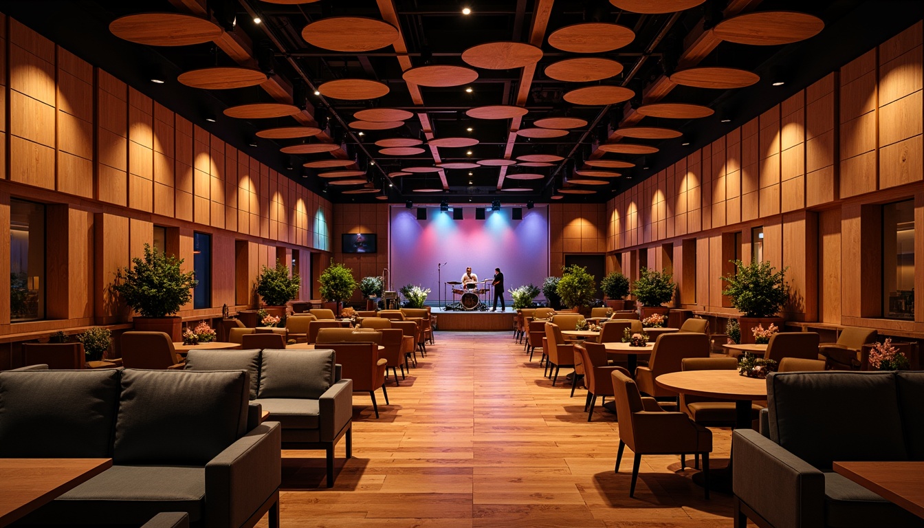 Prompt: Intimate music venue, wooden flooring, sound-absorbing panels, curved walls, suspended ceilings, optimal speaker placement, state-of-the-art audio equipment, warm stage lighting, comfortable seating, rich wood tones, vibrant color accents, live performance atmosphere, natural reverb, precise sound reflections, 3-point lighting setup, soft focus spotlighting, shallow depth of field, cinematic composition, realistic textures, ambient occlusion.