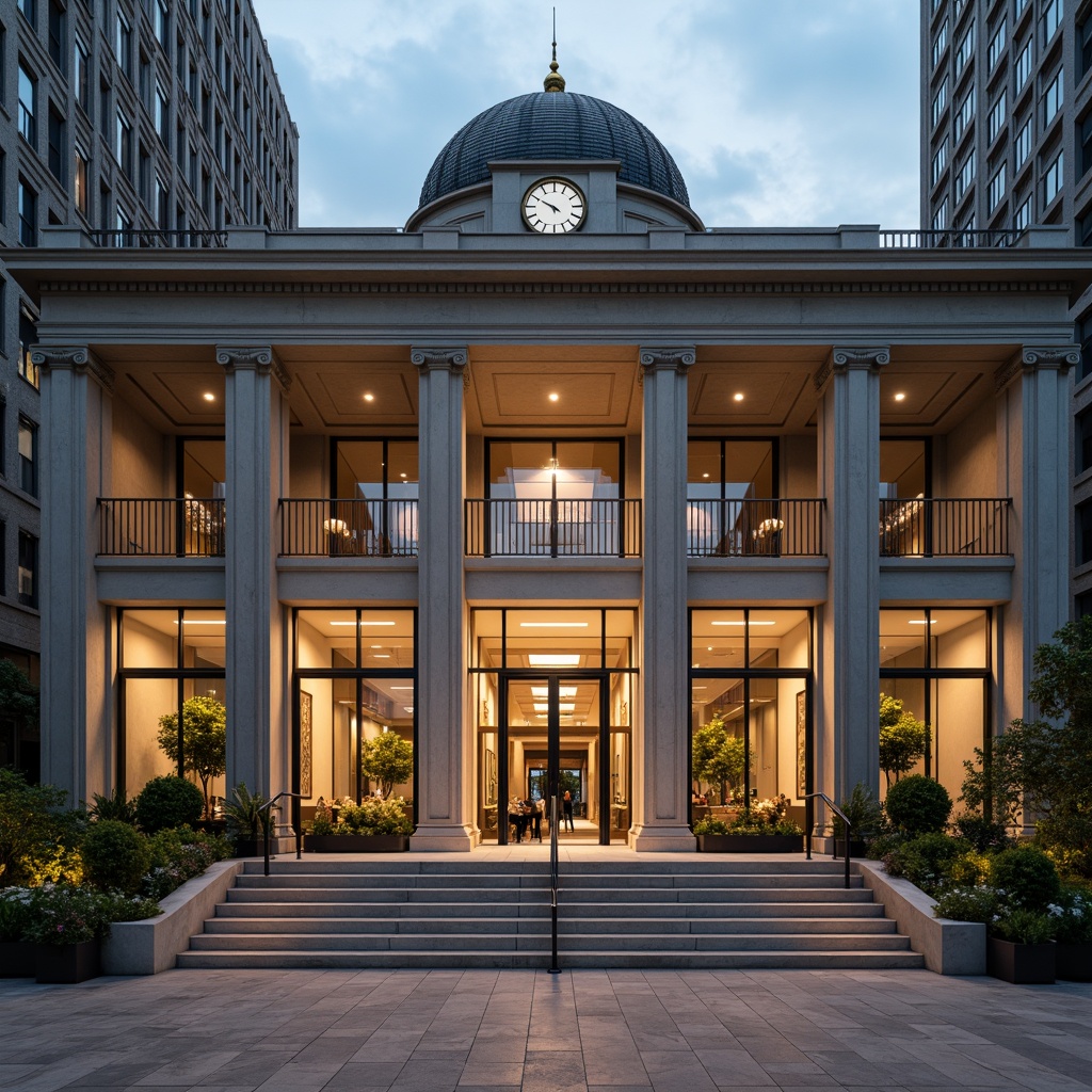 Prompt: Grand courthouse entrance, fusion of modern and classical elements, symmetrical facade composition, ornate columns, grand staircase, polished marble floors, intricate stone carvings, large windows with metal frames, American neoclassical style, clock tower, dome-shaped roof, subtle warm lighting, soft focus effect, 1/2 composition, establishing shot, realistic textures, ambient occlusion.