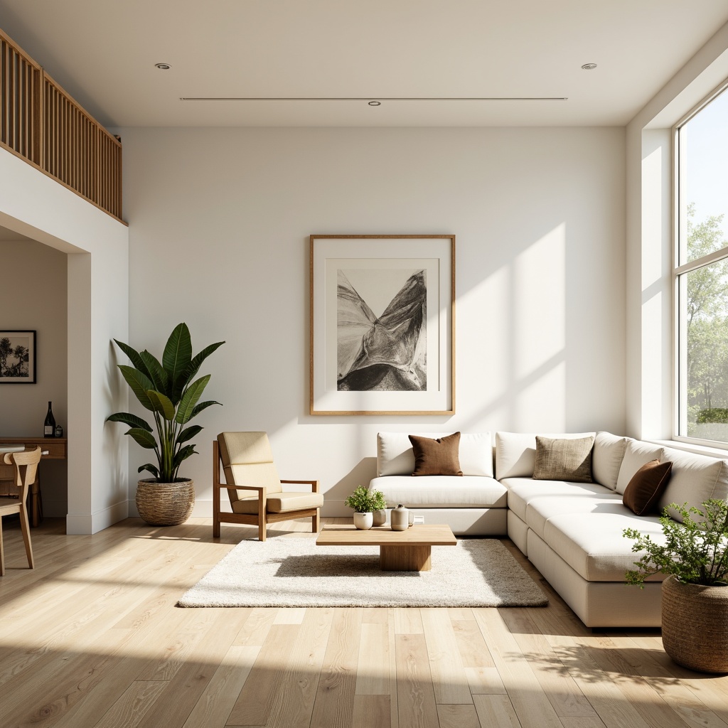 Prompt: Simple yet elegant interior space, minimal ornamentation, clean lines, monochromatic color scheme, natural light pouring in, spacious open floor plan, low-profile furniture, sleek wooden flooring, creamy white walls, subtle textures, modern art pieces, geometric patterns, greenery accents, airy atmosphere, soft warm lighting, shallow depth of field, 1/1 composition, realistic reflections.