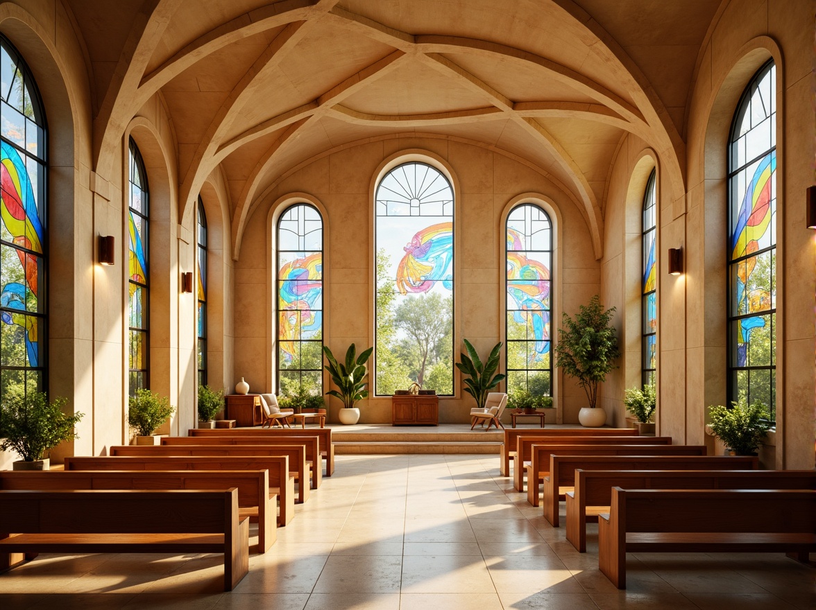 Prompt: Soothing chapel interior, warm beige stone walls, vaulted ceilings, stained glass windows, vibrant rainbow colors, natural light pouring in, serene atmosphere, organic curves, wavy lines, botanical motifs, floral patterns, earthy tones, reclaimed wood accents, minimalist pews, sacred symbols, elegant archways, soft diffused lighting, 1/1 composition, intimate focal point, subtle texture overlays.