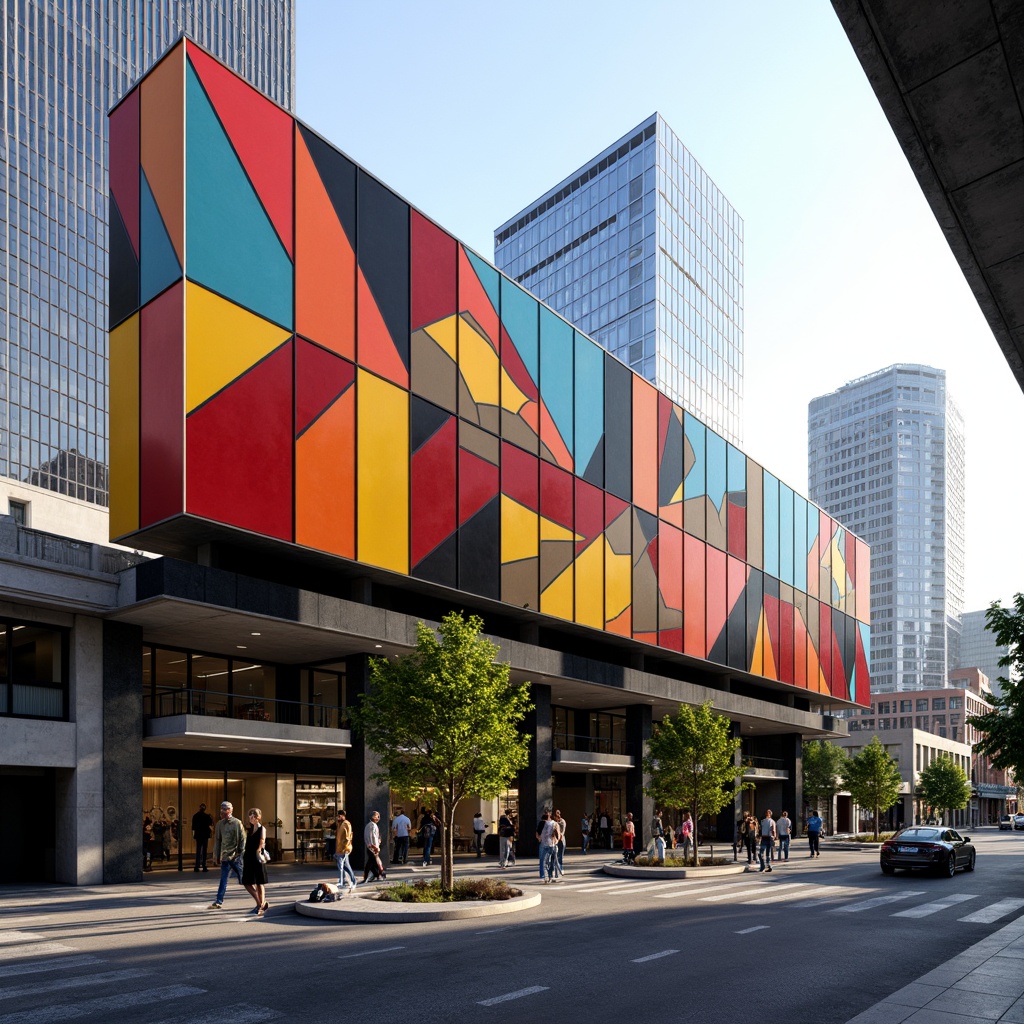 Prompt: Vibrant bus station, expressionist facade, abstract shapes, bold colors, dynamic patterns, irregular forms, fractured lines, futuristic architecture, cantilevered roofs, angular columns, urban landscape, bustling streets, morning light, soft shadows, 1/1 composition, low-angle shot, cinematic atmosphere, realistic materials, ambient occlusion.