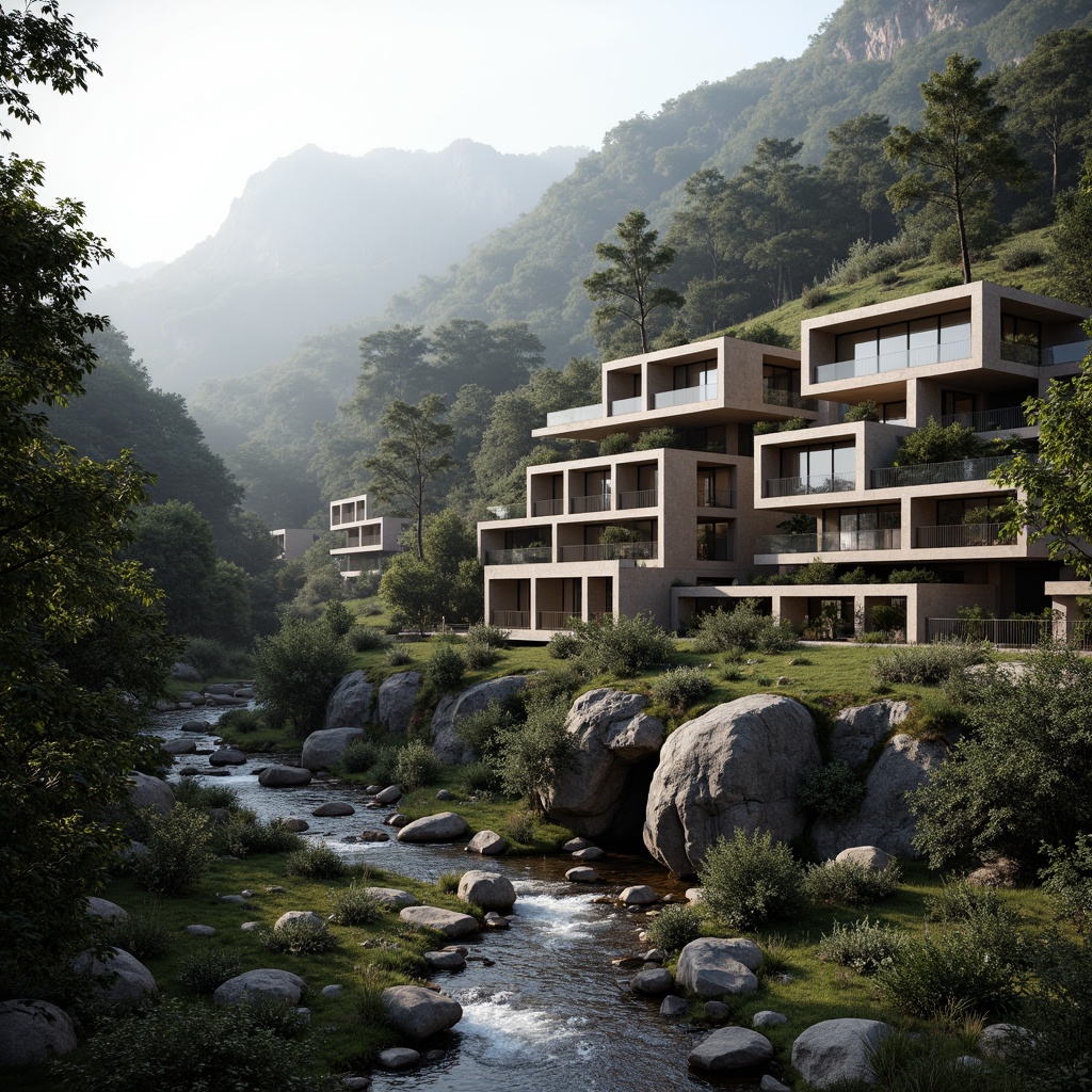 Prompt: Rustic mountainous terrain, dense forestation, meandering streams, rugged rock formations, structuralist buildings, brutalist concrete walls, angular steel beams, cantilevered roofs, floor-to-ceiling windows, minimal ornamentation, earthy color palette, natural stone cladding, wooden accents, organic curves, fragmented volumes, dramatic shading, high-contrast lighting, cinematic composition, atmospheric fog effects, misty morning atmosphere.