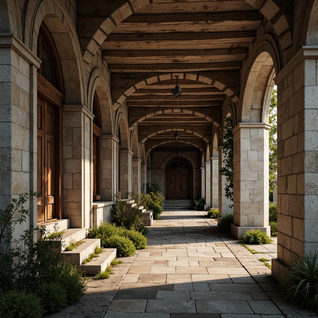 Prompt: Rustic Romanesque building, rough-hewn concrete walls, weathered stone fa\u00e7ade, ornate arches, grandiose columns, intricate carvings, moss-covered stones, earthy tones, warm ambient lighting, shallow depth of field, 2/3 composition, dramatic shadows, high-contrast textures, realistic weathering effects.