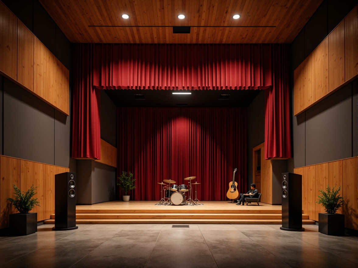 Prompt: Intimate music venue, warm wooden accents, sound-absorbing panels, strategically placed speakers, elevated stage, crimson curtains, dimmable LED lighting, polished concrete floors, sleek minimalist decor, optimal acoustic resonance, 1/2 composition, shallow depth of field, soft warm glow, realistic textures, ambient occlusion.Please let me know if this meets your expectations!