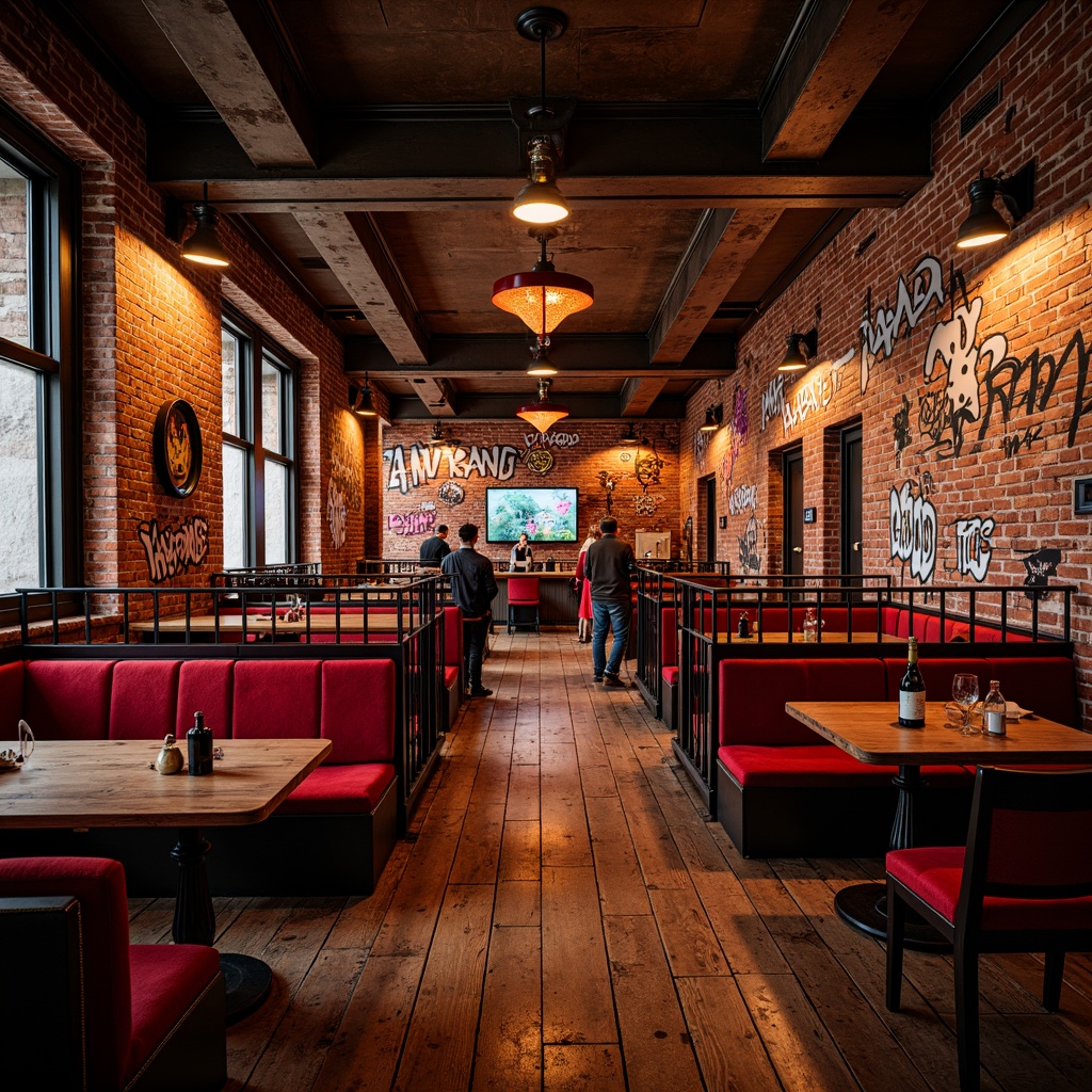 Prompt: Vibrant pub interior, postmodernist architecture, exposed brick walls, distressed wooden floors, ornate metal railings, eclectic furniture, rich velvet upholstery, bold graffiti murals, neon signage, atmospheric lighting, warm cozy ambiance, shallow depth of field, 1/2 composition, low-angle shot, high-contrast colors, gritty textures, ambient occlusion.