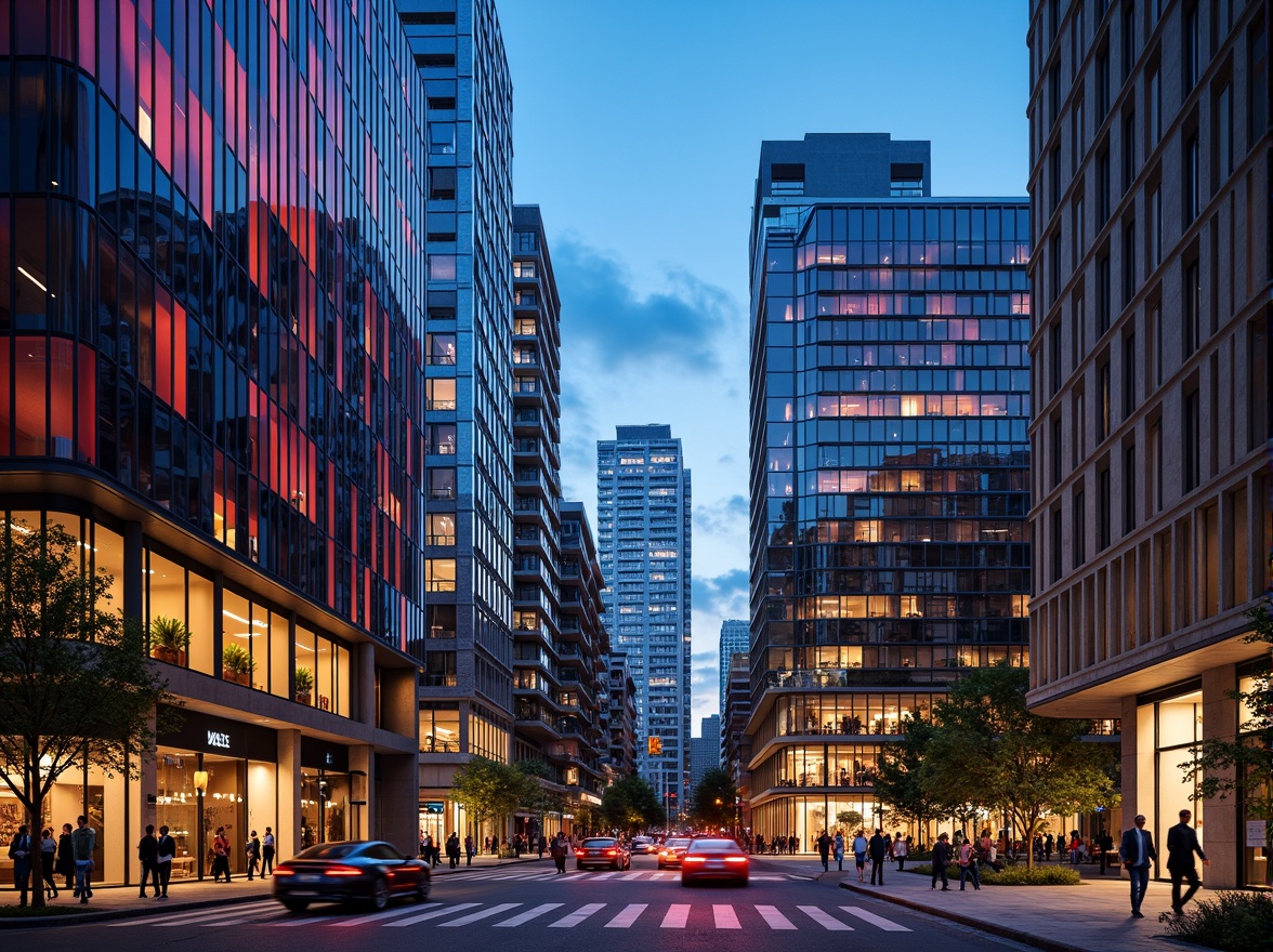 Prompt: Vibrant urban landscape, sleek glass facades, reflective surfaces, angular lines, modern apartment buildings, expressionist architecture, bold color schemes, geometric patterns, abstract shapes, metallic accents, LED lighting installations, city skyline views, busy streets, rush hour atmosphere, shallow depth of field, 1/1 composition, high-contrast imagery, dramatic shadows, cinematic lighting.