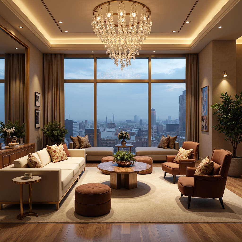 Prompt: Luxurious living room, plush sofas, velvet armchairs, tufted ottomans, golden metallic frames, crystal chandeliers, soft cream carpets, warm beige walls, floor-to-ceiling windows, panoramic city views, 1/2 composition, atmospheric lighting, cozy reading nooks, decorative vases, greenery accents, elegant center tables, rich wood tones, comfortable pillows, stylish coffee tables, ambient soundscapes.