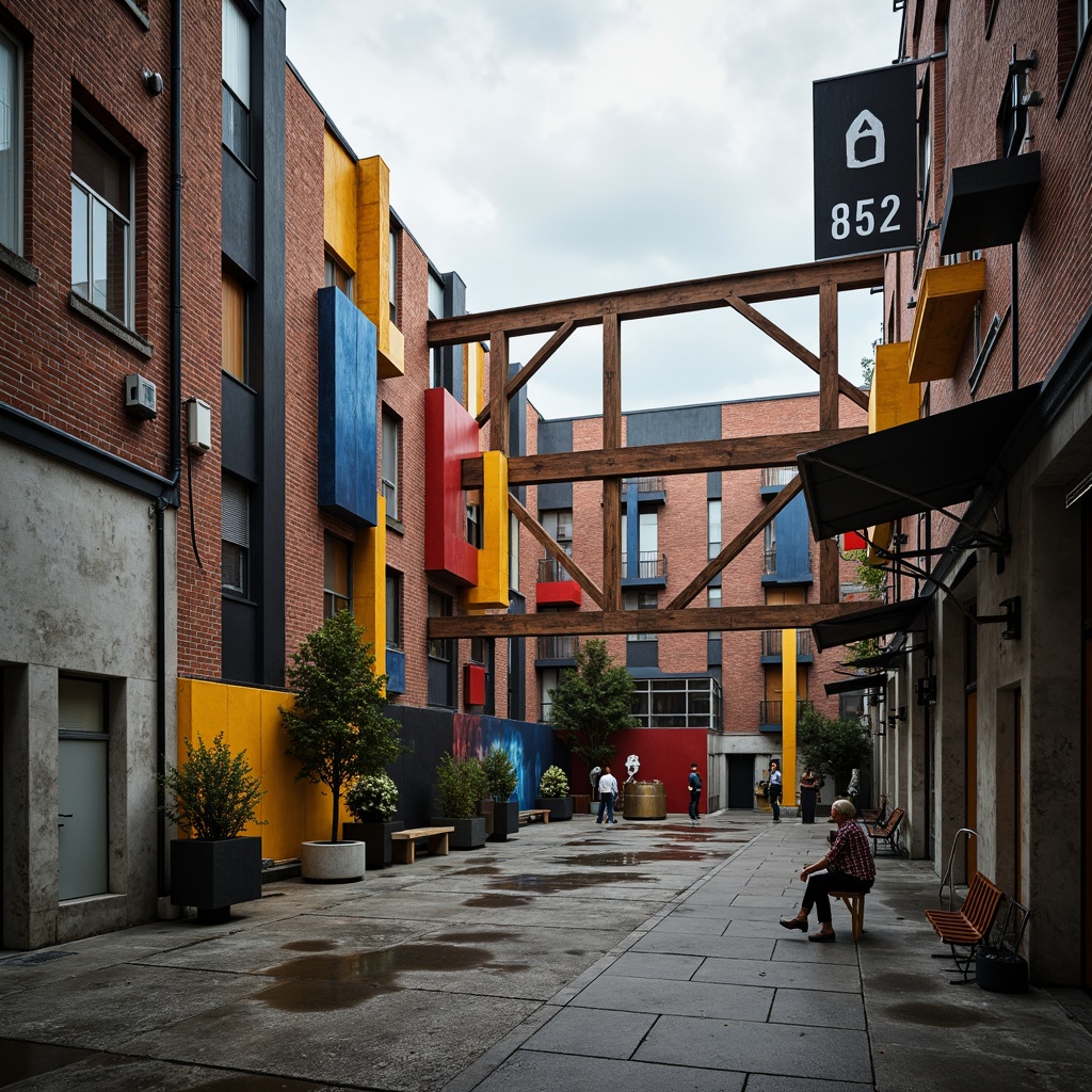 Prompt: Rustic concrete walls, industrial metal beams, fragmented brick facades, asymmetrical compositions, bold geometric shapes, vibrant primary colors, abstract sculptural forms, distressed wooden accents, exposed ductwork, minimalist ornamental details, urban cityscape backdrop, overcast cloudy skies, dramatic chiaroscuro lighting, high-contrast textures, 1/2 composition, low-angle shot, cinematic atmosphere.