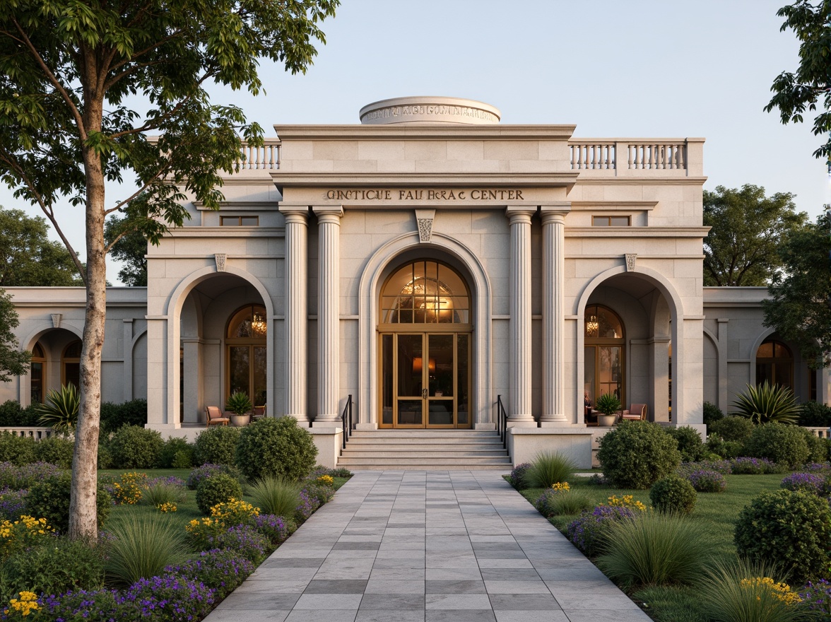 Prompt: Grandiose healthcare center, neoclassical facade, ornate columns, architraves, symmetrical composition, limestone walls, grand entrance, bronze doors, elegant signage, lush greenery, vibrant flowers, manicured lawns, serene ambiance, warm natural lighting, subtle shading, 3/4 composition, realistic textures, ambient occlusion.