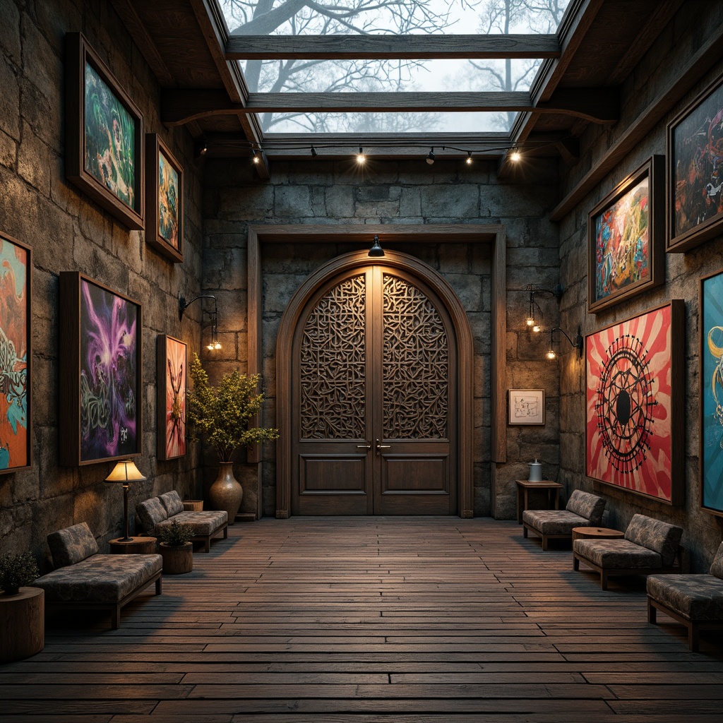 Prompt: Rustic wooden planks, distressed metal panels, rough-hewn stone walls, intricately carved wooden doors, ornate metallic accents, vibrant graffiti murals, eclectic mix of patterns, abstract geometric shapes, bold contrasting colors, high-contrast lighting, dramatic shadows, atmospheric mist, shallow depth of field, 1/2 composition, cinematic view, realistic reflections, ambient occlusion.