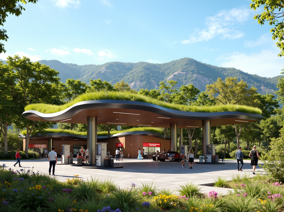 Prompt: Vibrant gas station, curved blob-like architecture, reflective metallic surfaces, green roofs, lush vegetation integration, natural stone walls, wooden accents, modern LED lighting, futuristic fuel pumps, sleek canopies, organic shapes, seamless landscape integration, rolling hills, blooming wildflowers, sunny day, soft warm lighting, shallow depth of field, 3/4 composition, panoramic view, realistic textures, ambient occlusion.Let me know if this meets your requirements!