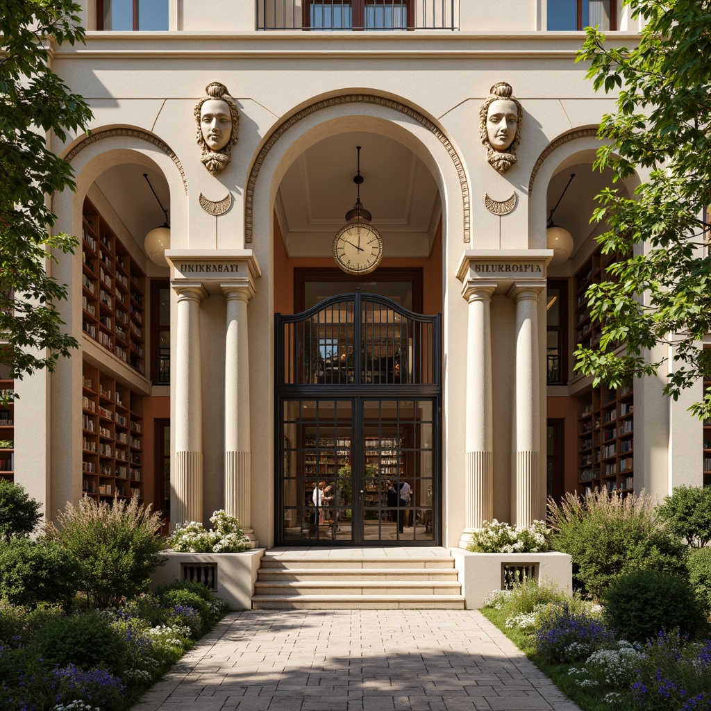 Prompt: Elegant library facade, neoclassical architecture, grand entrance, imposing stone columns, ornate metal gates, symmetrical composition, warm beige stonework, large rectangular windows, subtle arches, intricate carvings, educational inscriptions, lush greenery, blooming flowers, natural stone pathways, modern minimalist interior, high ceilings, wooden bookshelves, comfortable reading nooks, soft warm lighting, shallow depth of field, 1/1 composition, realistic textures, ambient occlusion.