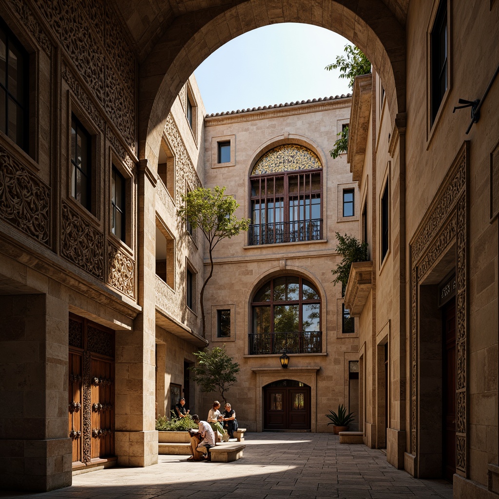 Prompt: Intricate stone carvings, ornate window frames, arched windows, stained glass, golden mosaics, rich textures, Byzantine architectural style, ancient towers, historic landmarks, rustic stone walls, weathered exterior, ornamental ironwork, grand entranceways, imposing structures, dramatic lighting, low-angle view, warm color palette, high contrast, atmospheric perspective.