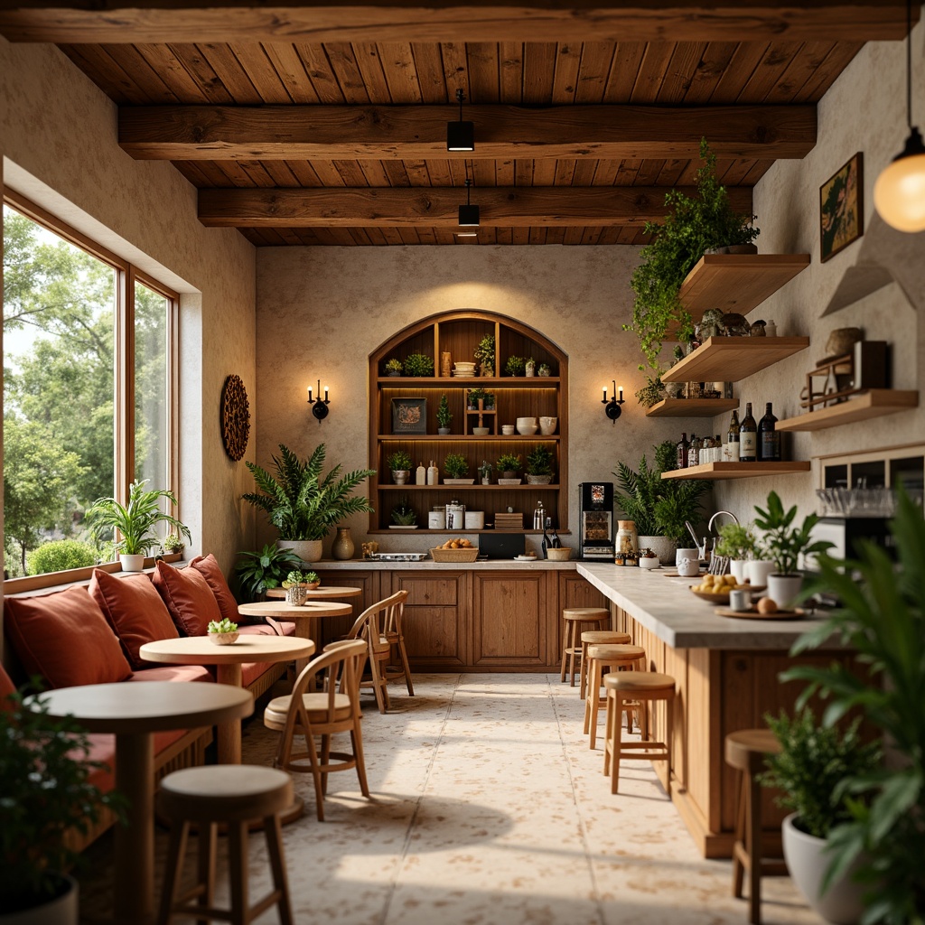 Prompt: Cozy coffee shop atmosphere, warm beige tones, rich brown wood accents, soft cream colors, earthy terracotta hues, vibrant greenery, lush plants, natural stone walls, rustic metal decor, warm golden lighting, shallow depth of field, 1/1 composition, realistic textures, ambient occlusion.