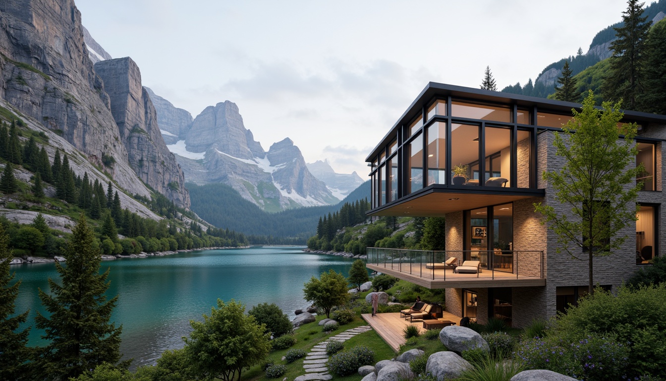 Prompt: Mountainous landscape, rugged cliffs, serene lakeside, lush vegetation, meandering pathways, modern architecture, glass facades, steel frames, cantilevered roofs, green roofs, living walls, natural stone cladding, wooden accents, minimalist decor, floor-to-ceiling windows, sliding doors, panoramic views, warm ambient lighting, shallow depth of field, 3/4 composition, realistic textures, ambient occlusion.Let me know if you need any adjustments!