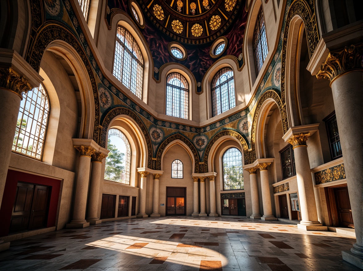 Prompt: Byzantine-style tower, intricate stone carvings, ornate arches, grandiose windows, stained glass, vibrant colors, ornamental columns, capitals, marble floors, majestic dome, golden accents, warm natural lighting, soft shadows, atmospheric ambiance, 3/4 composition, symmetrical framing, dramatic verticality.