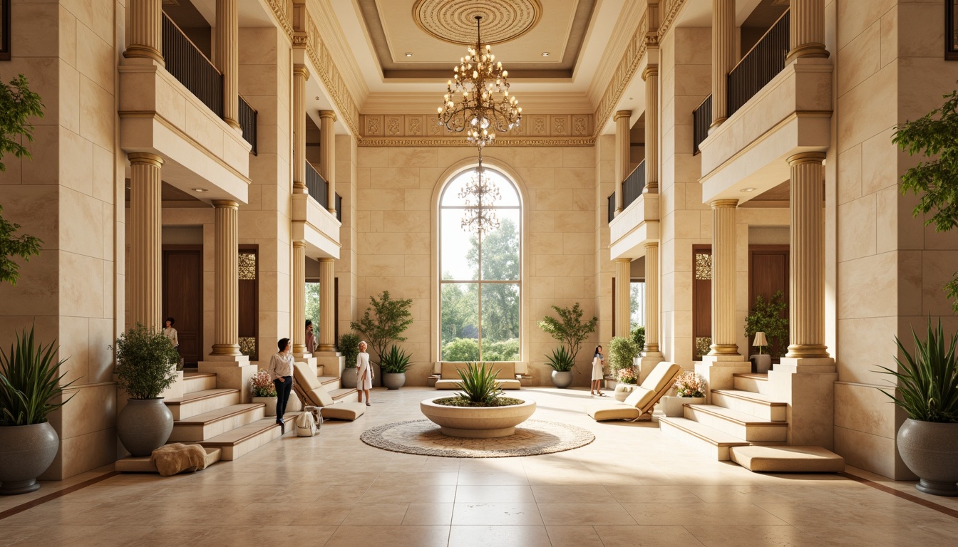 Prompt: Grandiose healthcare center, symmetrical facade, Corinthian columns, ornate details, creamy marble walls, grand entrance hall, sweeping staircases, elegant chandeliers, high ceilings, natural stone flooring, warm beige color scheme, soft golden lighting, subtle shadows, 1/1 composition, central axis symmetry, panoramic view, realistic textures, ambient occlusion.