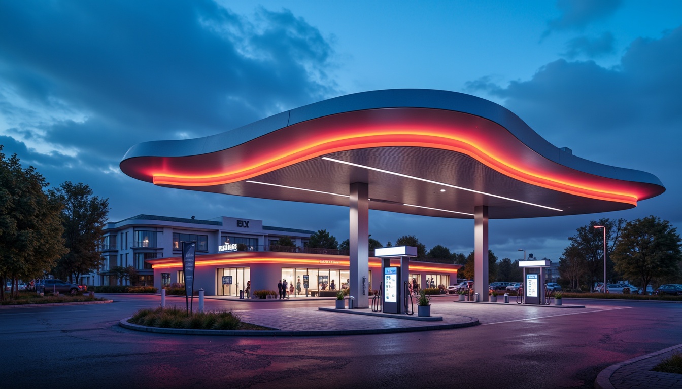 Prompt: Undulating gas station canopy, iridescent fuel pumps, swooping curves, vibrant neon lights, reflective stainless steel surfaces, futuristic blobitecture design, rounded geometric shapes, smooth asphalt driveway, modern LED signage, electric vehicle charging stations, sleek minimalist architecture, cantilevered rooflines, soft gradient colors, misty evening atmosphere, shallow depth of field, 1/1 composition, panoramic view, realistic reflections, ambient occlusion.