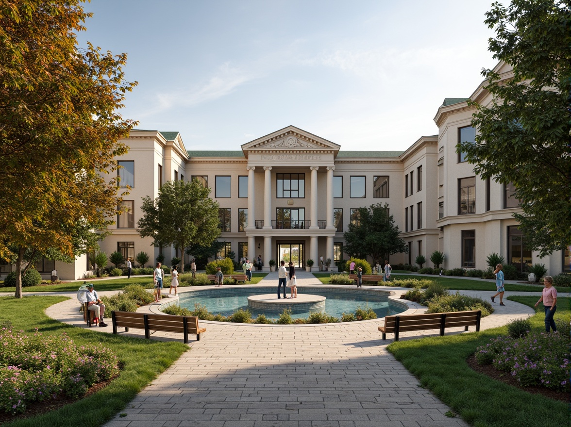 Prompt: Elegant healthcare center, symmetrical facade, grand entrance, ornate columns, lush green lawns, vibrant flower beds, curved walkways, tranquil water features, natural stone pavement, rustic benches, classic lanterns, soft warm lighting, shallow depth of field, 1/1 composition, panoramic view, realistic textures, ambient occlusion, serene atmosphere, harmonious color palette.