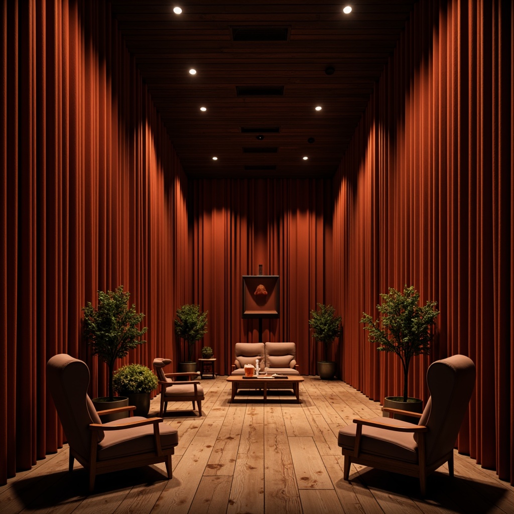 Prompt: Intimate music venue, warm wood tones, velvet curtains, dimmed lighting, soundproofing materials, acoustic panels, optimal speaker placement, curved lines, minimal reverberation, clear sound projection, comfortable seating, rustic wooden floors, cozy atmosphere, soft warm glow, shallow depth of field, 1/1 composition, realistic textures, ambient occlusion.