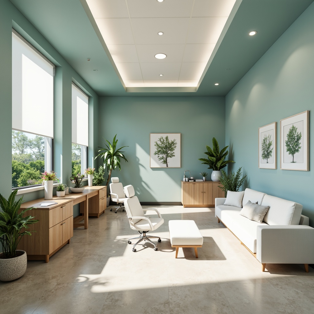 Prompt: Calm dental clinic, soothing blue-green walls, crisp white furniture, gentle wood accents, soft beige floors, modern minimalist design, subtle metallic fixtures, calming natural light, shallow depth of field, 1/2 composition, realistic textures, ambient occlusion, serene atmosphere, healthy plants, fresh flowers, gentle curves, smooth edges, bright LED lighting, sterile equipment, comfortable waiting area, relaxing ambiance.Please let me know if this meets your requirements or if you need any adjustments!