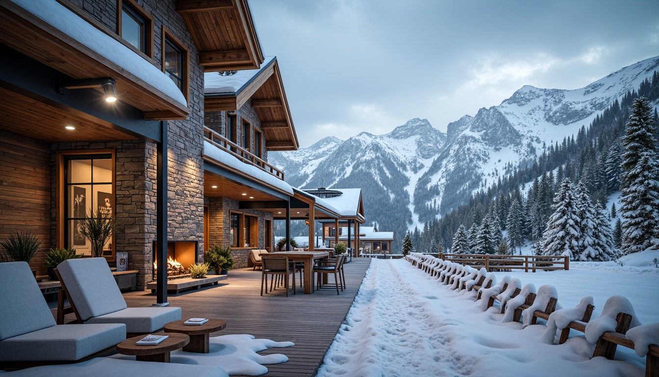 Prompt: Snow-capped mountains, frosty winter air, wooden ski lodge, rustic stone walls, warm fireplace, cozy interior lighting, natural wood accents, comfortable seating areas, modern ski equipment, sleek metal railings, icy blue windows, snowflake patterns, frosty morning mist, soft powdery snow, 1/2 composition, shallow depth of field, realistic textures, ambient occlusion.