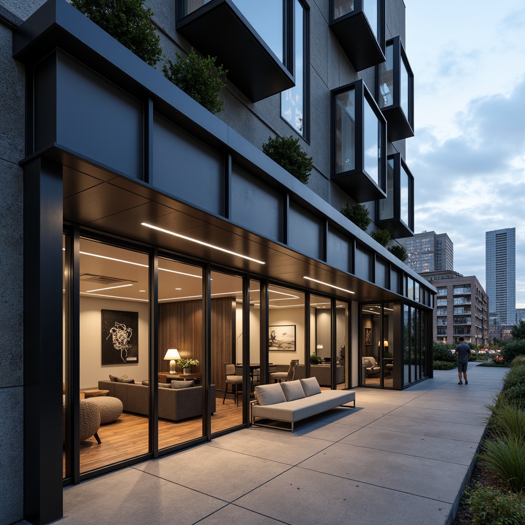 Prompt: Contemporary building facade, large glass windows, steel frames, minimalist metal accents, sleek concrete walls, wooden flooring, industrial-chic decor, exposed ductwork, polished chrome fixtures, ambient LED lighting, urban cityscape, cloudy sky, soft diffused natural light, shallow depth of field, 1/2 composition, realistic textures, subtle shading.