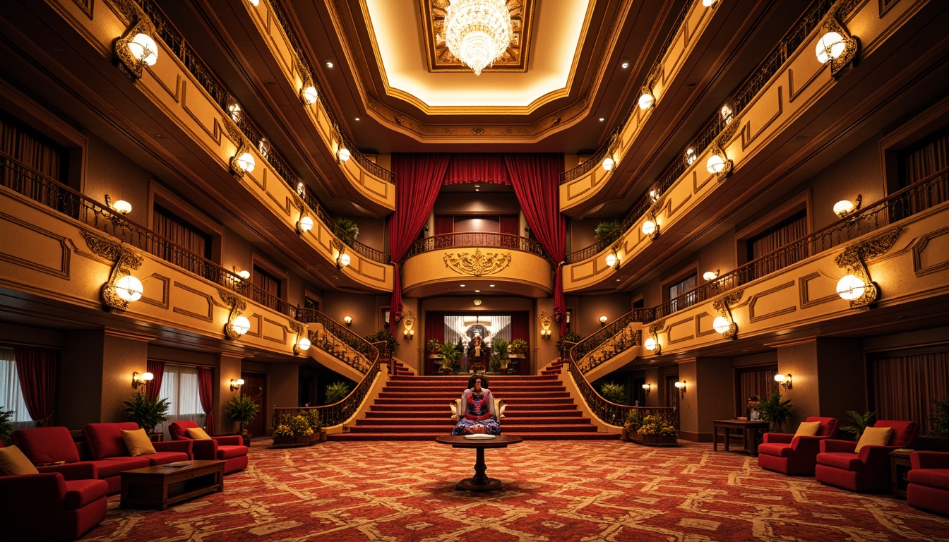 Prompt: Grand opera house facade, social housing architecture, ornate balconies, curved lines, majestic entrance, sweeping staircases, opulent chandeliers, richly patterned carpets, lavish furnishings, grand ballrooms, intimate auditoriums, warm golden lighting, soft focus, shallow depth of field, 1/1 composition, symmetrical framing, dramatic high ceilings, intricate moldings, luxurious textiles, vibrant red accents, elegant stair railings.