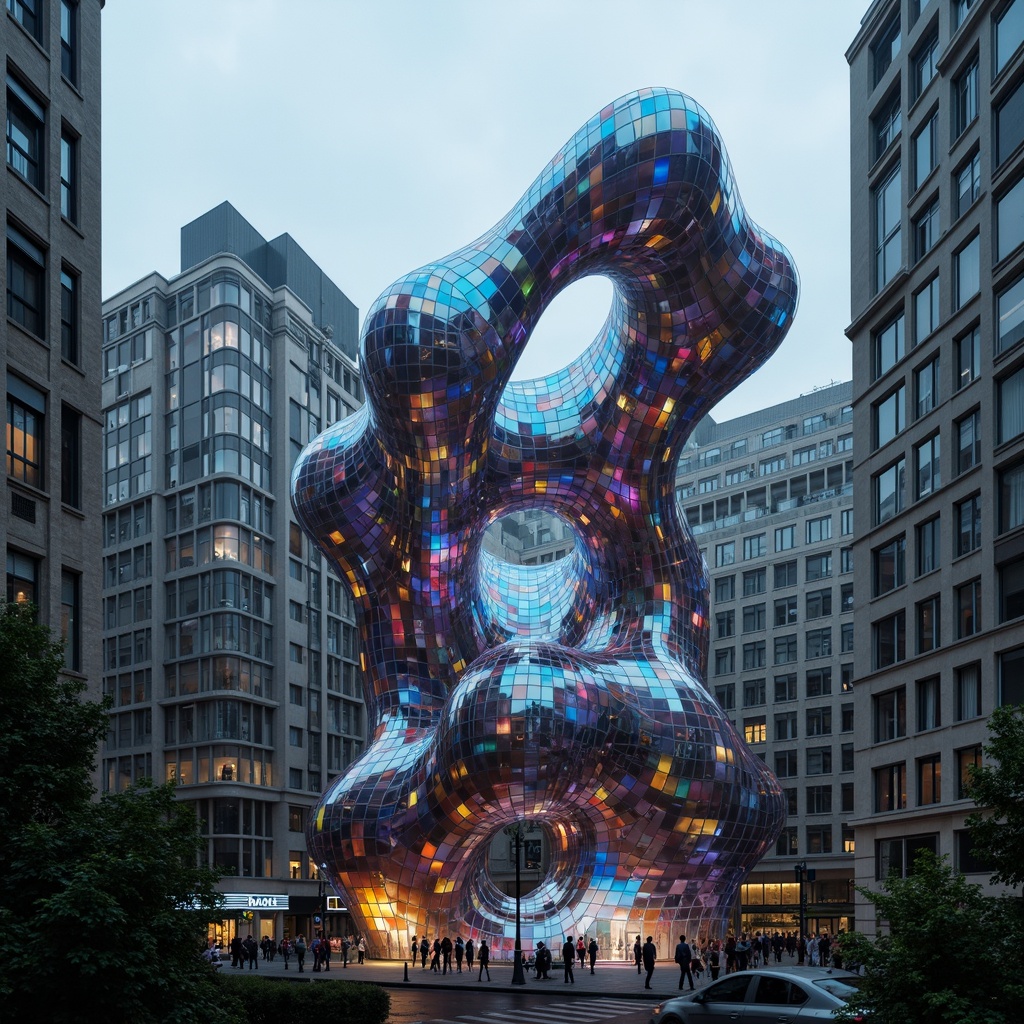 Prompt: Organic blob-shaped buildings, undulating textured facades, iridescent color shifts, futuristic architecture, curvaceous lines, amorphous structures, gleaming metallic materials, holographic effects, neon-lit accents, urban cityscape, dense metropolitan area, overcast sky, moody atmospheric lighting, shallow depth of field, 1/2 composition, dramatic shadows, high-contrast reflections.