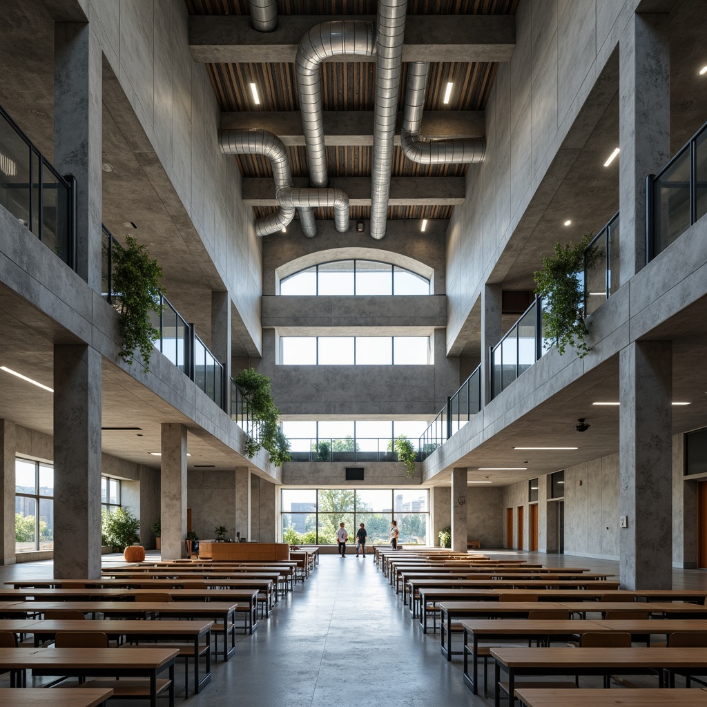 Prompt: Rational high school building, brutalist architecture, exposed concrete structures, steel beams, industrial-style ductwork, geometric staircases, open floor plans, minimalist classrooms, functional corridors, rectangular windows, cantilevered roofs, asymmetrical facades, raw textures, bold color schemes, dramatic natural lighting, 1/1 composition, low-angle photography, realistic rendering, ambient occlusion.Let me know if this meets your requirements!