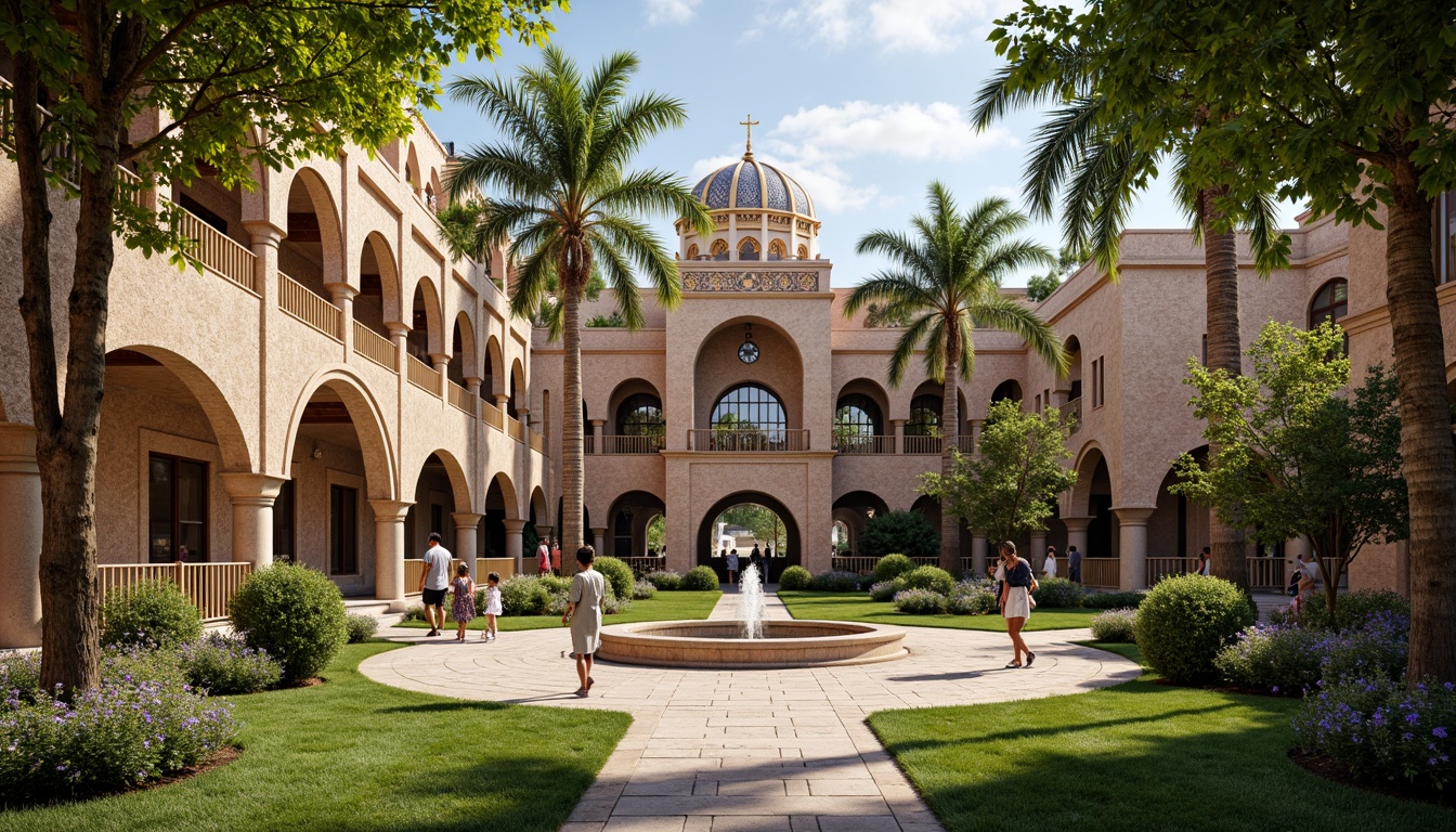 Prompt: Intricate stone carvings, ornate domes, grand archways, vibrant mosaics, golden accents, lush greenery, exotic animal enclosures, intricate ironwork, Byzantine-inspired columns, ornamental fountains, warm sunny day, soft natural lighting, shallow depth of field, 3/4 composition, panoramic view, realistic textures, ambient occlusion.