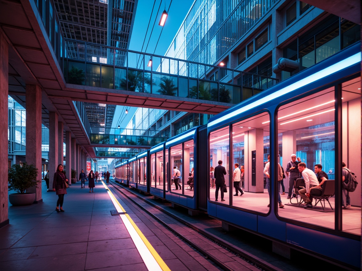 Prompt: Futuristic tram station, sleek metallic structures, neon-lit LED lights, vibrant color schemes, dynamic angular lines, geometric patterns, high-gloss reflective surfaces, iridescent glass facades, holographic displays, ambient Occlusion, 3/4 composition, panoramic view, realistic textures, soft warm lighting, shallow depth of field, modern urban landscape, bustling city scene, rapid transit systems, advanced technology integration.