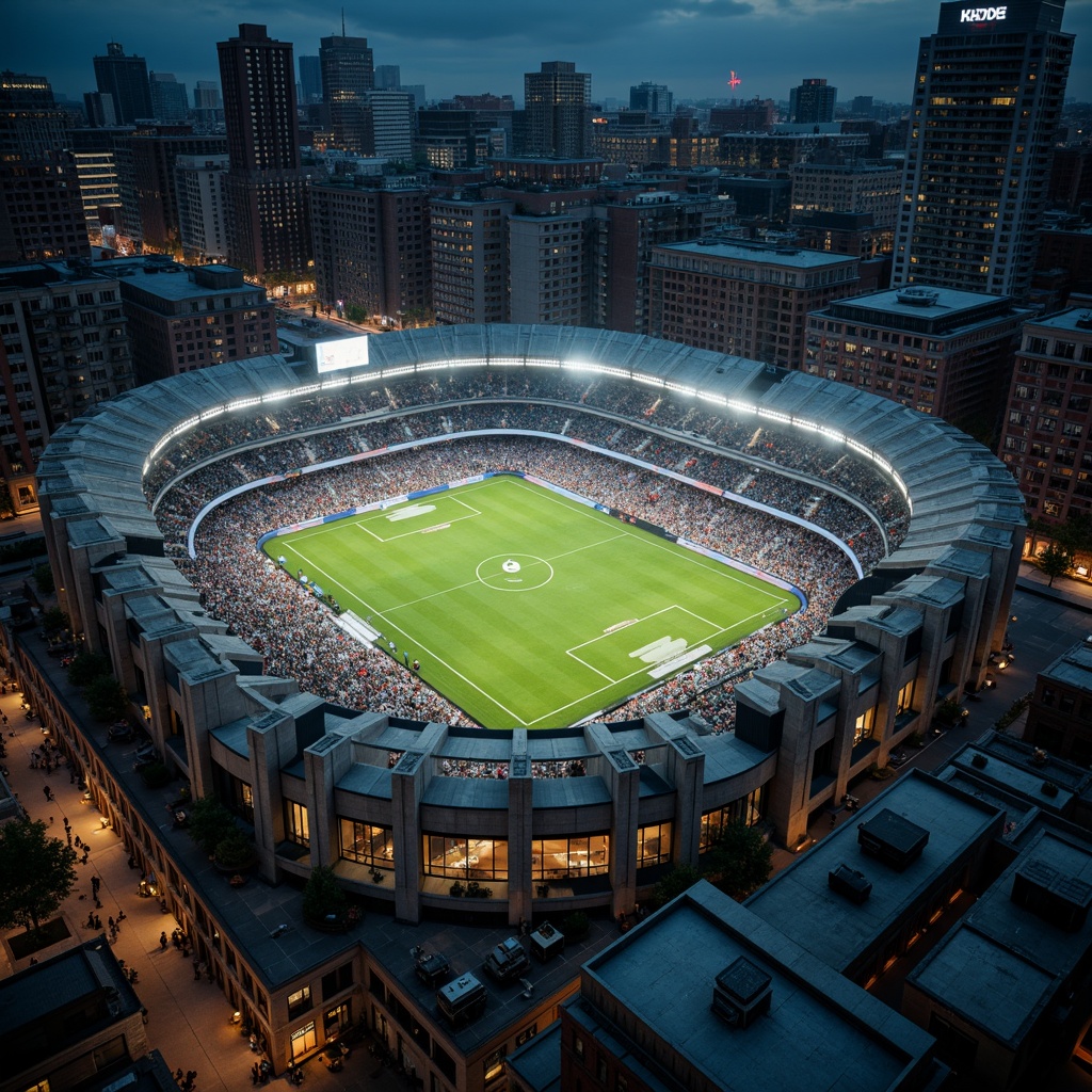 Prompt: Rugged brutalist stadium, exposed concrete structures, angular lines, raw textures, monumental scale, grandstand seating, floodlighting, nighttime illumination, urban cityscape, metropolitan backdrop, busy streets, dense crowds, dynamic atmosphere, intense sporting events, dramatic shadows, high-contrast lighting, 1/2 composition, wide-angle lens, cinematic framing, gritty realistic render.