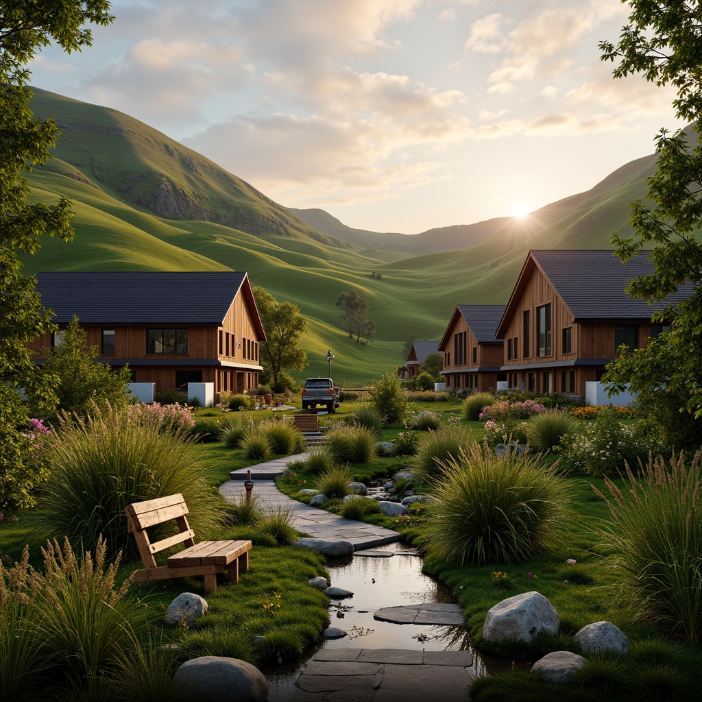 Prompt: Rolling hills, green grasslands, serene atmosphere, cozy dorm buildings, wooden accents, natural stone pathways, vibrant wildflowers, meandering streams, rustic benches, lantern lighting, warm sunset glow, soft focus blur, 1/1 composition, intimate framing, realistic textures, ambient occlusion.