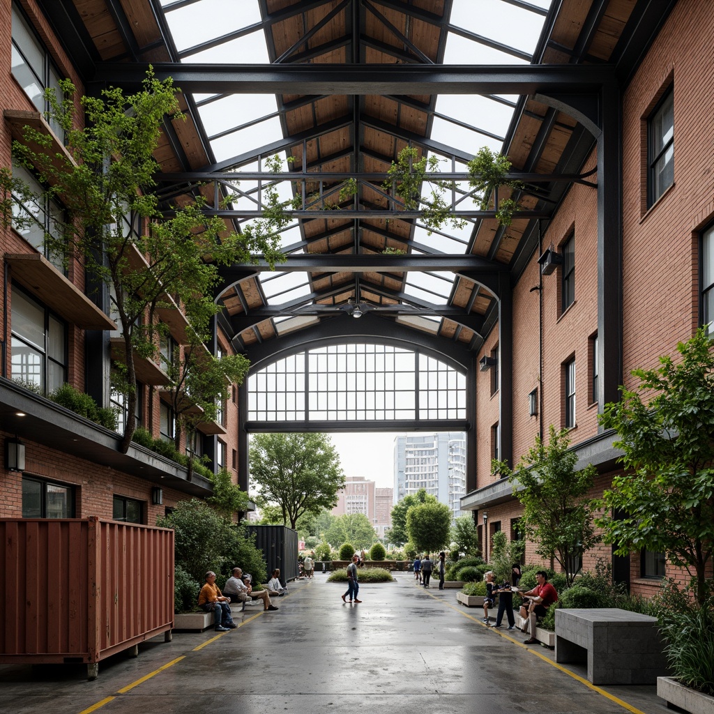 Prompt: Industrial warehouse, exposed brick walls, metal beams, reclaimed wood accents, lush green roof, living walls, vertical gardens, eclectic art installations, urban landscape views, rusted steel containers, concrete floors, modern minimalist decor, functional workspaces, natural ventilation systems, abundant skylights, soft diffused lighting, shallow depth of field, 1/1 composition, cinematic atmosphere, realistic textures, ambient occlusion.