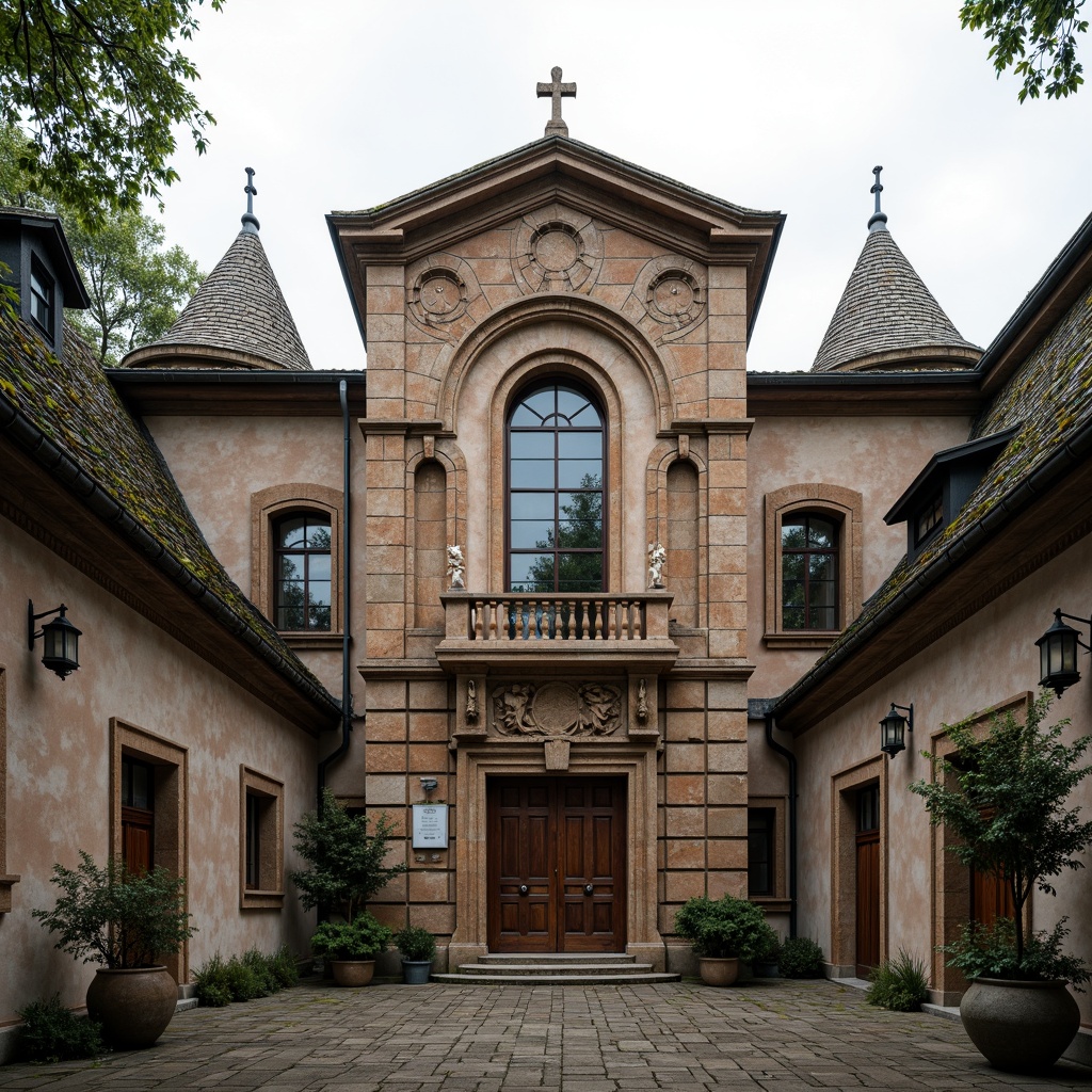 Prompt: Ancient memorial center, Romanesque facade, weathered stone walls, arched windows, ornate carvings, grand entrance, heavy wooden doors, intricate stonework, rustic brick patterns, earthy color palette, moss-covered roofs, historic architectural details, solemn atmosphere, overcast sky, soft diffused lighting, 1/1 composition, symmetrical framing, warm natural textures, subtle ambient occlusion.