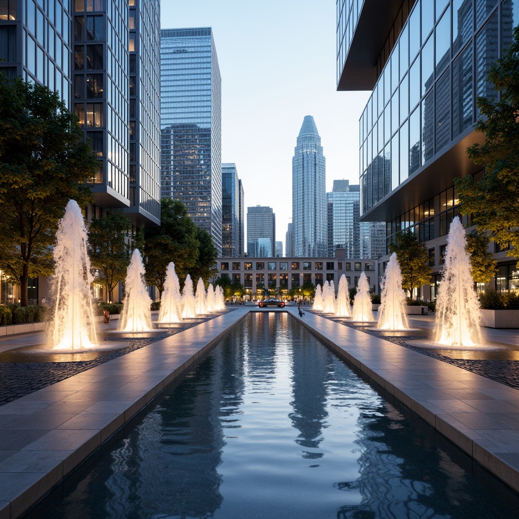 Prompt: Sparkling water features, majestic fountains, gleaming glass facades, metallic skyscrapers, polished marble floors, luminous LED lights, soft warm glow, natural daylight, indirect illumination, reflective surfaces, ambient shadows, futuristic cityscape, urban landscape, high-rise buildings, sleek modern design, minimalist aesthetic, geometric patterns, vibrant colors, shallow depth of field, 1/2 composition, panoramic view, realistic textures, ambient occlusion.