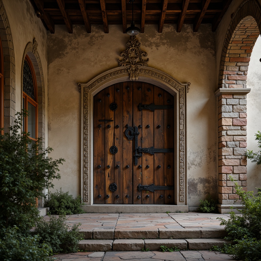 Prompt: Rustic monastery facade, distressed stonework, weathered wooden doors, ornate metal accents, intricate stone carvings, worn brick arches, faded frescoes, peeling plaster walls, rough-hewn timber beams, dimly lit corridors, atmospheric misting, warm soft lighting, shallow depth of field, 1/2 composition, cinematic framing, realistic textures, ambient occlusion.