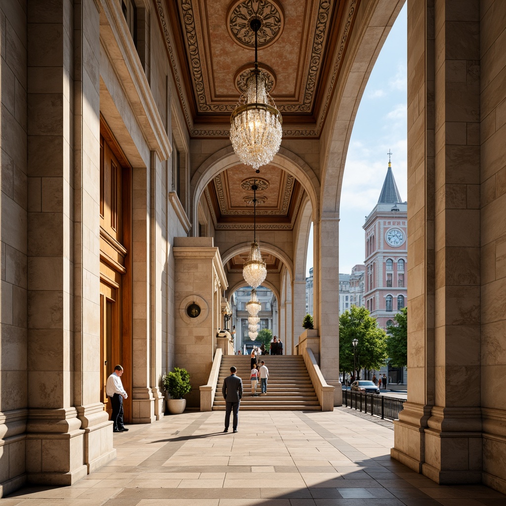 Prompt: Grand courthouse entrance, fusion architecture, neoclassical columns, ornate stone carvings, symmetrical facades, grand staircase, elegant chandeliers, high ceilings, marble flooring, wooden paneling, monumental scale, historic significance, subtle modern twists, sleek metal accents, subtle LED lighting, warm beige tones, dramatic archways, imposing clock tower, vibrant urban surroundings, bustling city streets, morning sunlight, shallow depth of field, 1/1 composition, realistic textures, ambient occlusion.