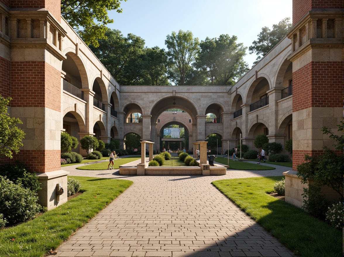 Prompt: Ancient stone walls, rustic archways, ornate fountains, lush green grass, athletic tracks, sports equipment, goalposts, scoreboard, spectator stands, ornamental columns, intricate brick patterns, earthy color tones, warm sunny day, soft natural lighting, shallow depth of field, 3/4 composition, symmetrical layout, realistic textures, ambient occlusion.