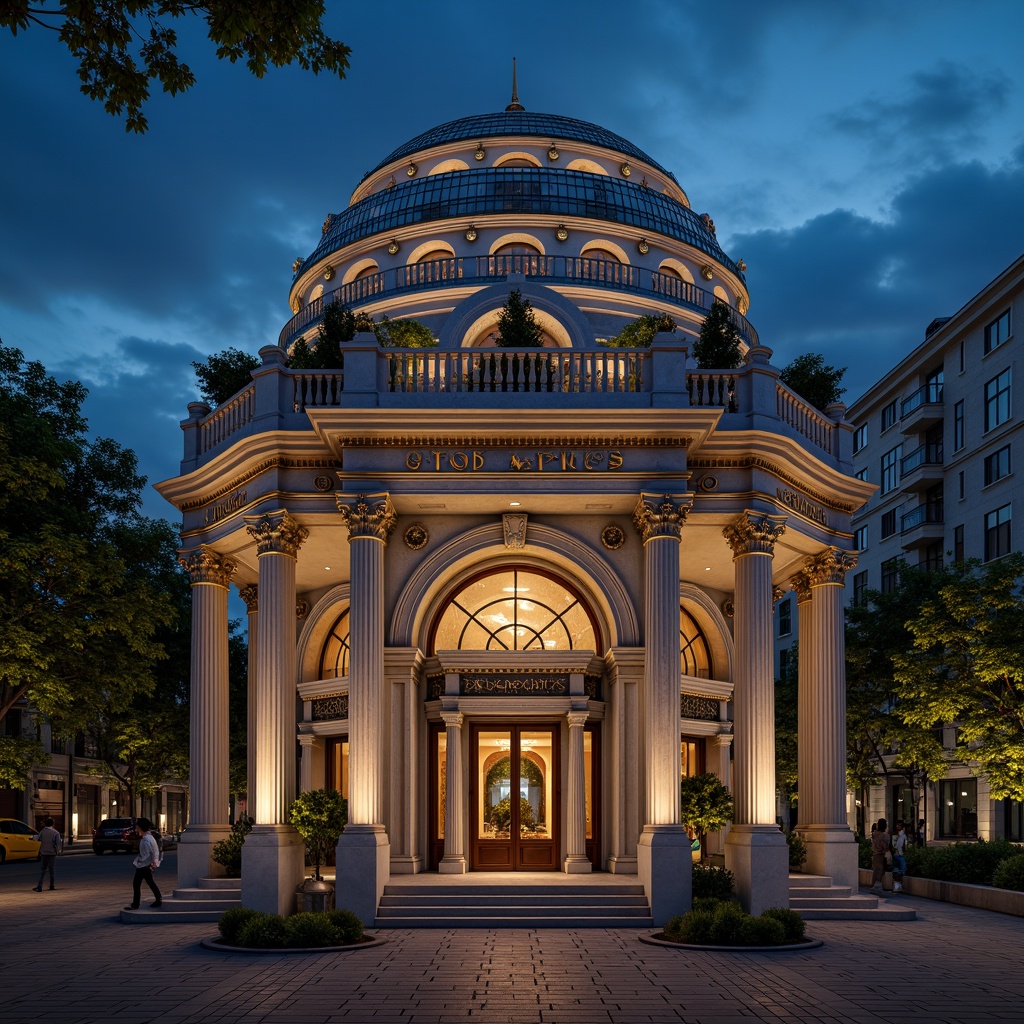 Prompt: Ornate planetarium facade, renaissance-inspired architecture, grand dome structure, intricate stone carvings, golden accents, ornamental columns, celestial body motifs, Baroque-style details, subtle lighting effects, soft warm glow, shallow depth of field, 1/1 composition, symmetrical arrangement, realistic textures, ambient occlusion, starry night sky, surrounding urban landscape.