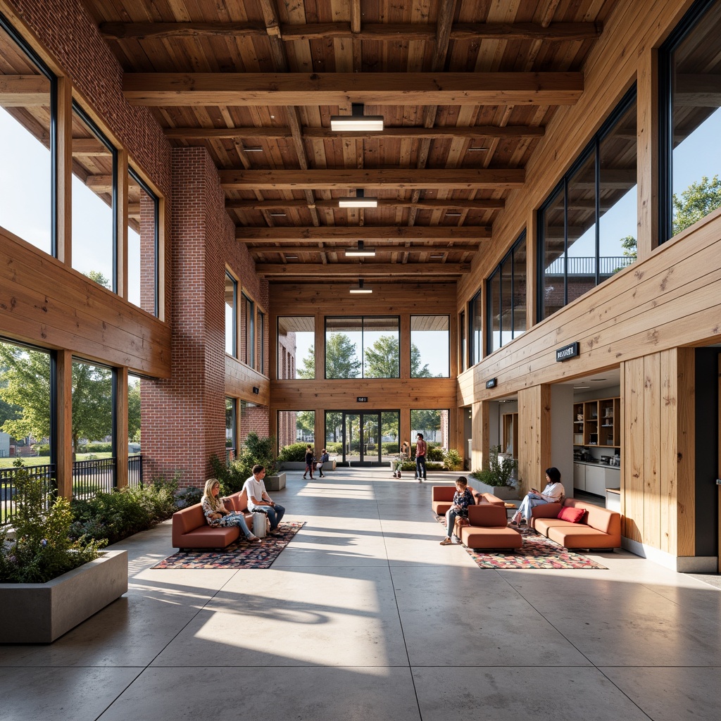 Prompt: Rustic high school building, exposed brick facade, steel frame structure, wooden accents, polished concrete floors, industrial-style lighting fixtures, minimalist interior design, functional corridors, educational signage, vibrant student artwork, collaborative open spaces, modern furniture, ergonomic chairs, natural ventilation systems, energy-efficient windows, sustainable roofing materials, geometric patterned rugs, dynamic color schemes, shallow depth of field, 1/1 composition, realistic textures, ambient occlusion.