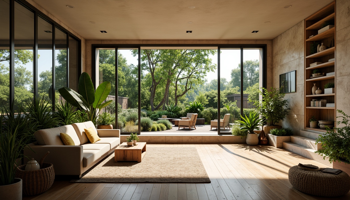 Prompt: Vibrant living room, large windows, sliding glass doors, natural stone walls, wooden floors, minimalist decor, abundant greenery, lush plants, warm sunny day, soft diffused lighting, 1/1 composition, shallow depth of field, realistic textures, ambient occlusion, open-plan layout, functional spaces, cozy reading nooks, comfortable seating areas, earthy color palette, nature-inspired accents.