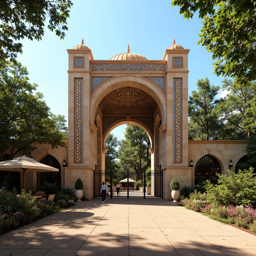 Prompt: Byzantine-style zoo entrance, ornate stone carvings, golden domes, intricate mosaics, majestic archways, vibrant greenery, exotic animal sculptures, rustic wooden gates, wrought iron fences, mystical lanterns, warm sandy pathways, sunny afternoon, soft natural lighting, shallow depth of field, 1/2 composition, realistic textures, ambient occlusion.