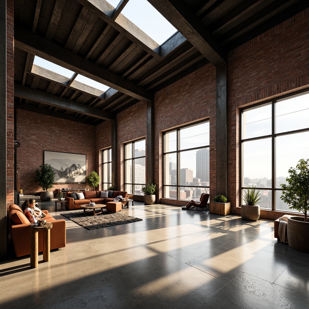 Prompt: Industrial-chic loft space, exposed brick walls, metal beams, polished concrete floors, floor-to-ceiling windows, clerestory windows, skylights, sliding glass doors, minimalist decor, urban cityscape views, morning sunlight, soft warm glow, shallow depth of field, 1/2 composition, panoramic view, realistic textures, ambient occlusion.