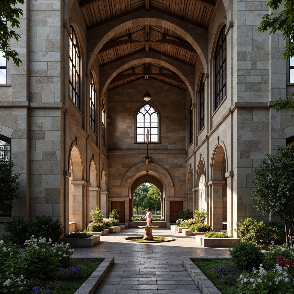 Prompt: Rustic memorial center, Romanesque style facade, weathered stone walls, arched windows, ornate doorways, grand entrance, intricate carvings, Gothic-inspired vaults, ribbed ceilings, stunning stained glass, subtle warm lighting, soft focus, 1/1 composition, symmetrical view, realistic textures, ambient occlusion, serene atmosphere, peaceful surroundings, lush greenery, blooming flowers, tranquil fountain, natural stone pathways.